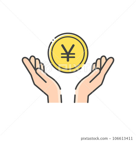 A coin with the character ¥ and a simple icon of a person's hand-image of money, yen and yuan in Japan, China, etc. 106613411