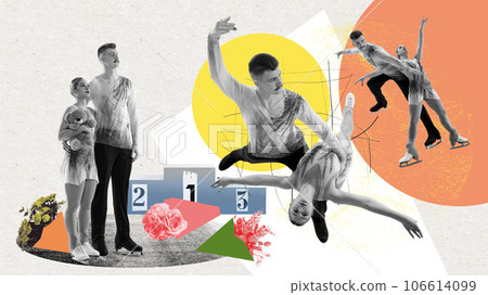 Artistic couple, man and woman, figure skating athletes winning competition. Contemporary art collage Artistic couple, man and woman, figure skating athletes winning competition. Contemporary art collage 106614099