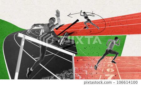 Athletic man and woman training on stadium, running, growing speed and endurance. Contemporary art collage 106614100