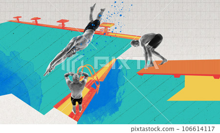 Muscular, athletic man, professional swimming training in pool, preparing for competition. Contemporary art collage Muscular, athletic man, professional swimming training in pool, preparing for competition. Contemporary art collage 106614117