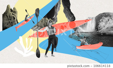 Young woman rowing in canoe, kayak swimming and competing. Contemporary art collage. Young woman rowing in canoe, kayak swimming and competing. Contemporary art collage. 106614118