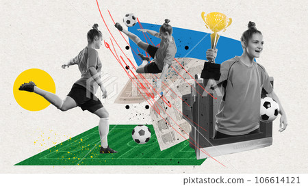 Motivated and competitive young girl, football player winning trophy for successful game. Contemporary art collage Motivated and competitive young girl, football player winning trophy for successful game. Contemporary art collage 106614121