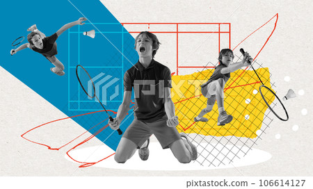 Boy, child playing badminton, training, Sport school and hobby. Active childhood. Contemporary art collage Boy, child playing badminton, training, Sport school and hobby. Active childhood. Contemporary art collage 106614127