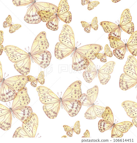 Seamless pattern with dancing ballerina. Watercolor handdrawn illustration with spring flowers, butterflies and fairy ballerina. Applicable for textiles, decor. Can be used as a background. 106614451