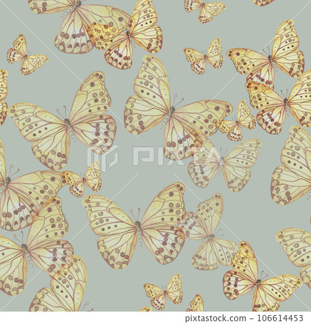 Seamless pattern with dancing ballerina. Watercolor handdrawn illustration with spring flowers, butterflies and fairy ballerina. Applicable for textiles, decor. Can be used as a background. 106614453