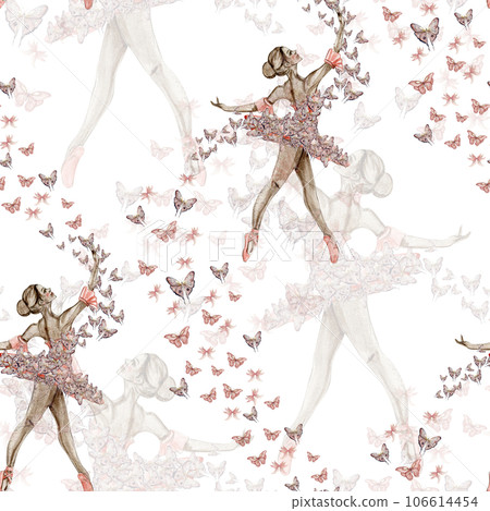 Seamless pattern with dancing ballerina. Watercolor handdrawn illustration with spring flowers, butterflies and fairy ballerina. Applicable for textiles, decor. Can be used as a background. 106614454