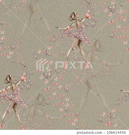 Seamless pattern with dancing ballerina. Watercolor handdrawn illustration with spring flowers, butterflies and fairy ballerina. Applicable for textiles, decor. Can be used as a background. 106614456