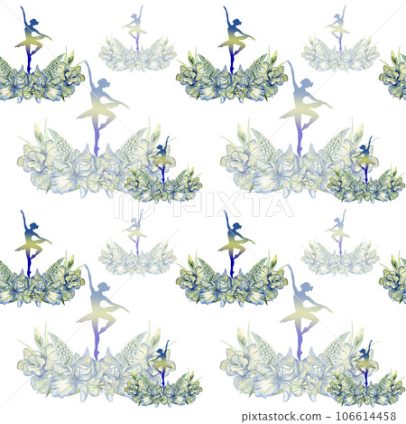 Seamless pattern with dancing ballerina. Watercolor handdrawn illustration with spring flowers, butterflies and fairy ballerina. Applicable for textiles, decor. Can be used as a background. 106614458