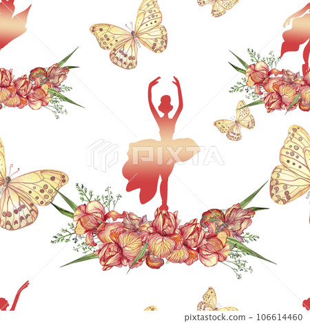 Seamless pattern with dancing ballerina. Watercolor handdrawn illustration with spring flowers, butterflies and fairy ballerina. Applicable for textiles, decor. Can be used as a background. 106614460