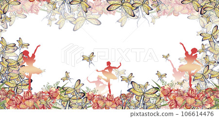 Watercolor horizontal seamless background with ballerina and flowers. Watercolor illustration of a spring flowers. Perfect for for for wedding invitation, greetings card. 106614476