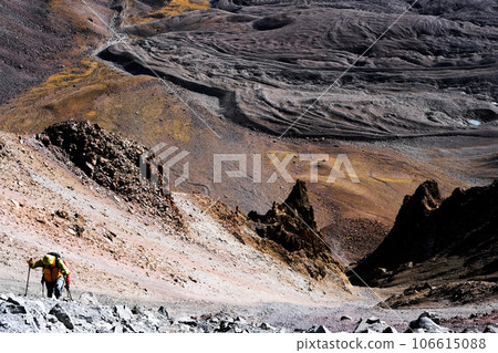 Tourists trekking on Erciac volcano Tourists trekking on Erciac volcano 106615088