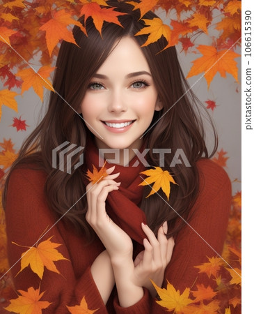 young woman standing in front of autumn leaves young woman standing in front of autumn leaves 106615390
