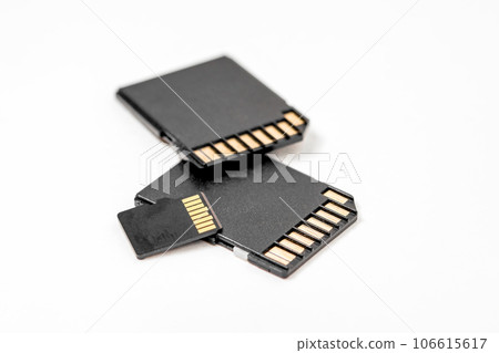 Close-up of black memory cards on a white background. SD memory card to use when taking pictures on your digital camera. 106615617