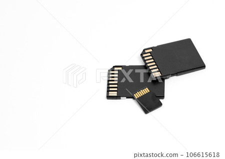 Set of small black sd memory - flash cards with copyspace on a white. 106615618