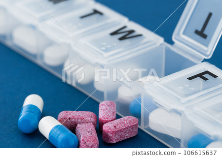 Weekly pillbox with medication, tablets and vitamins. Weekly pillbox with medication, tablets and vitamins. 106615637
