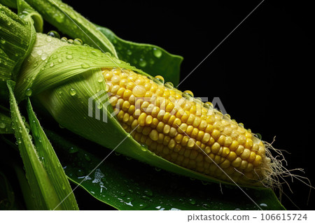 Corn on the cob with water drops on a dark background Corn on the cob with water drops on a dark background 106615724