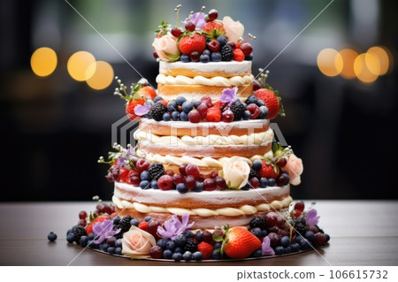 Wedding tiered cake decorated with fresh fruits and berries Wedding tiered cake decorated with fresh fruits and berries 106615732