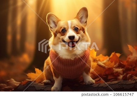 A corgi dog in an autumn forest in a sweater A corgi dog in an autumn forest in a sweater 106615747