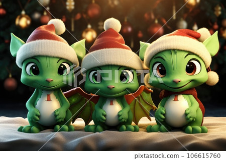 Three green dinosaurs in hats, symbol of the year Three green dinosaurs in hats, symbol of the year 106615760