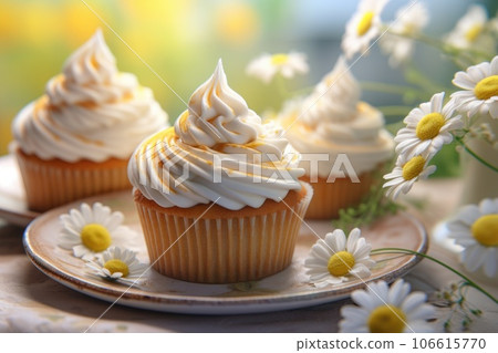 Cupcakes with cream decorated with chamomile flowers on a plate Cupcakes with cream decorated with chamomile flowers on a plate 106615770