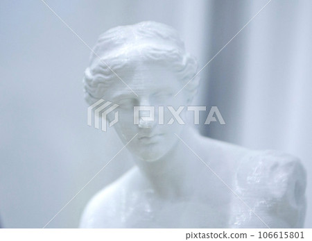 Art object printed on 3D printer. Prototype of an ancient Greek statue. Model printed on 3D printer from melted plastic. Object printed close-up. Concept new modern innovation printing technology Art object printed on 3D printer. Prototype of an ancient Greek statue. Model printed on 3D printer from melted plastic. Object printed close-up. Concept new modern innovation printing technology 106615801