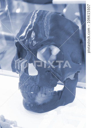 Art object printed on 3D printer. Prototype mask of facial part of human skeleton. Model printed on 3D printer from melted plastic close-up. Concept new modern innovation printing technology 106615807