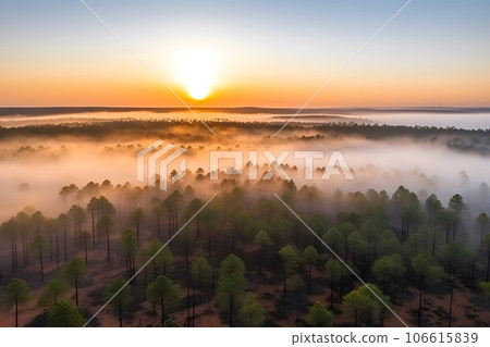 Misty foggy mountain landscape with fir forest and copyspace in vintage retro hipster style. Neural network AI generated 106615839