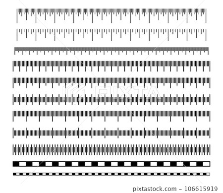 Measuring scale. Meter, centimeter and inch scales with division for ruler, tape measure and measuring precise instrument, map. Vector isolated template 106615919