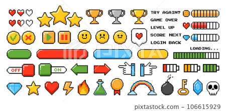 Pixel game elements. Graphic 8bits arcade games button, bars and symbols. Game levels, menu and icon. Digital pixels heart, start, trophy, bomb and crown. Vector set Pixel game elements. Graphic 8bits arcade games button, bars and symbols. Game levels, menu and icon. Digital pixels heart, start, trophy, bomb and crown. Vector set 106615929