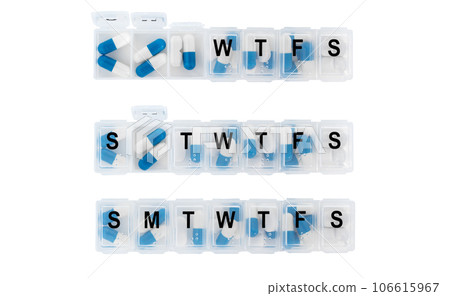 Daily meds organiser cut out, the concept of taking medication Daily meds organiser cut out, the concept of taking medication 106615967