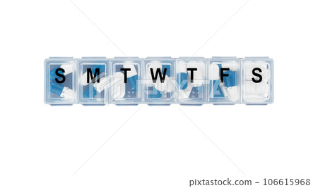 Daily pill box filled with daily doses of pills isolated on white background. 106615968