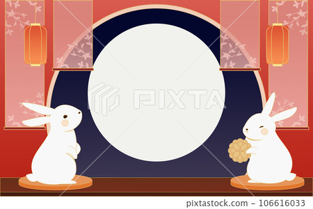 Two rabbits sitting on the seat cushion eating mooncakes and admiring the moon, lantern curtains red background Two rabbits sitting on the seat cushion eating mooncakes and admiring the moon, lantern curtains red background 106616033