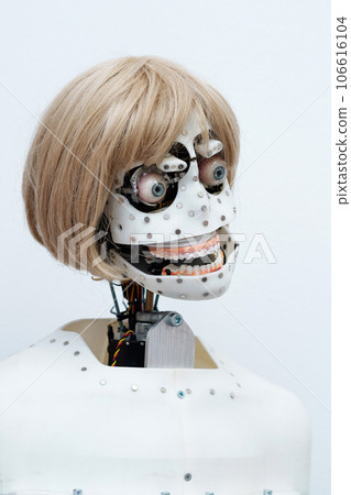 head of anthropomorphic robot capable of imitating emotions, without an outer shell skin, on a white background 106616104