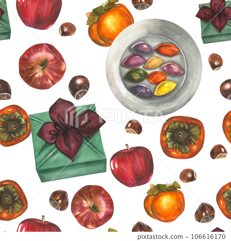 Watercolor illustrations for the traditional Korean holiday Chuseok - gift, songpyeon plate, apples, persimmon, chestnut.Hand drawn watercolor pattern Watercolor illustrations for the traditional Korean holiday Chuseok - gift, songpyeon plate, apples, persimmon, chestnut.Hand drawn watercolor pattern 106616170