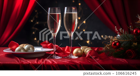 banner celebration day christmas with gift box with velvet ribbon and paper decoration on beautiful background 106616245