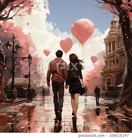 Happy couple at walk in city decorated red hearts for Valentine Day. generative ai 106616247