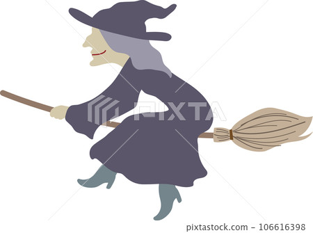 Cute stylish vector illustration of a bad witch wearing purple clothes and flying in the sky on a broomstick Purple 106616398