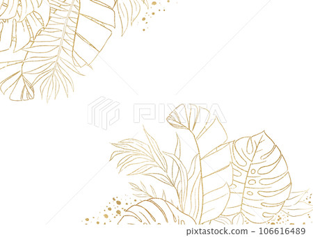 Border made with golden tropical leaves outlines, isolated wedding illustration Border made with golden tropical leaves outlines, isolated wedding illustration 106616489