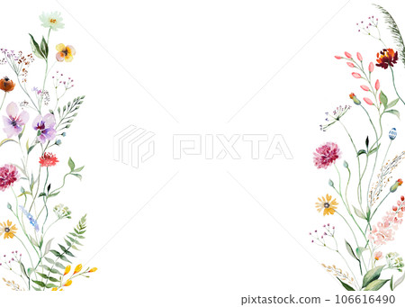 Frame made of watercolor wild flowers and leaves, summer wedding and greeting illustration Frame made of watercolor wild flowers and leaves, summer wedding and greeting illustration 106616490