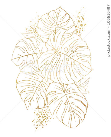 Bouquet made with golden tropical monstera leaves, isolated wedding illustration 106616497