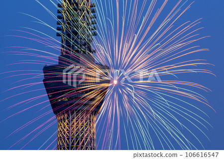 Sumida River Fireworks Festival Fireworks overlapping the Tokyo Sky Tree 106616547