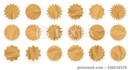Crumpled paper shopping labels. Sale or discount sticker with cardboard texture. Special offer price tag. Supermarket promotional badge. Sunburst icon. Vector illustration 106616576