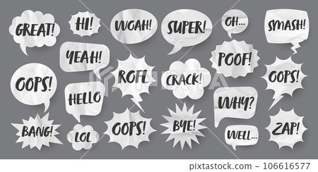 Crumpled paper comic speech bubbles. Hand drawn retro cartoon stickers with text. Pop art style. Old, vintage dialog boxes with cardboard texture. Vector illustration Crumpled paper comic speech bubbles. Hand drawn retro cartoon stickers with text. Pop art style. Old, vintage dialog boxes with cardboard texture. Vector illustration 106616577