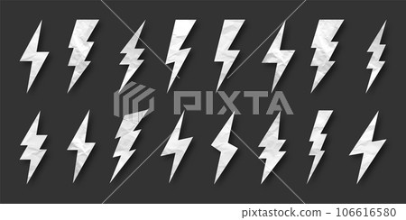 Lightning bolt, crumpled paper texture, cardboard. Flash symbol, thunderbolt. Simple lightning strike sign. Vector illustration Lightning bolt, crumpled paper texture, cardboard. Flash symbol, thunderbolt. Simple lightning strike sign. Vector illustration 106616580