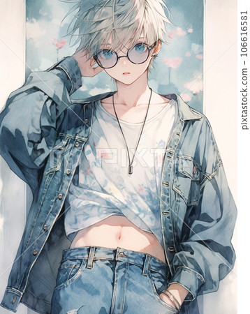 一個穿著牛仔外套、露出肚臍的男孩 一個穿著牛仔外套、露出肚臍的男孩 106616581