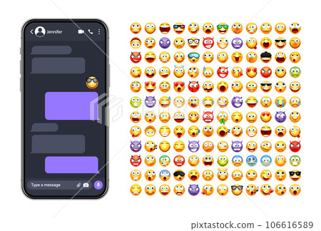 Smartphone messaging app, user interface with emoji. SMS text frame. Chat screen, violet message bubbles. Texting app for communication. Social media application. Dark mode. Vector illustration Smartphone messaging app, user interface with emoji. SMS text frame. Chat screen, violet message bubbles. Texting app for communication. Social media application. Dark mode. Vector illustration 106616589
