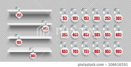 Store shelves with supermarket promotional wobblers. Product shelf and advertising wobbler with percent discount. Grocery wall rack. Sale label, special offer price tag. Vector illustration 106616591