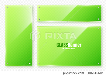 Realistic glass frames collection. Green transparent glass banners with flares and highlights. Glossy acrylic plate, element with light reflection and place for text. Vector illustration Realistic glass frames collection. Green transparent glass banners with flares and highlights. Glossy acrylic plate, element with light reflection and place for text. Vector illustration 106616604