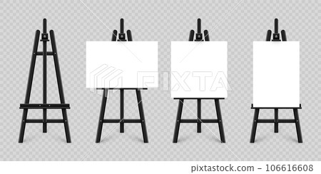 Realistic paint desk with blank white canvas. Black wooden easel and a sheet of drawing paper. Presentation board on a tripod. Artwork mockup, template. Vector illustration 106616608