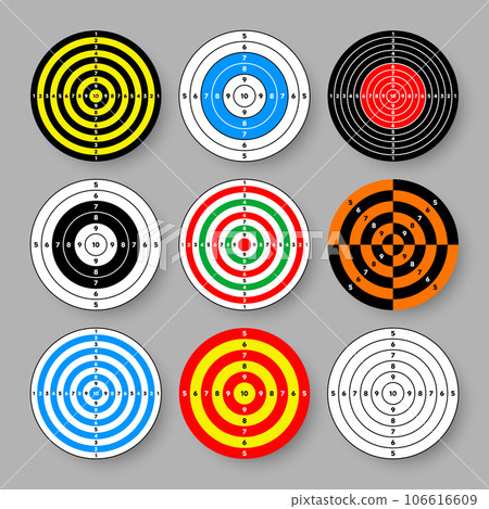 Shooting range paper targets. Round target with divisions, marks and numbers. Archery, gun shooting practise and training, sport competition and hunting. Bullseye and aim. Vector illustration Shooting range paper targets. Round target with divisions, marks and numbers. Archery, gun shooting practise and training, sport competition and hunting. Bullseye and aim. Vector illustration 106616609